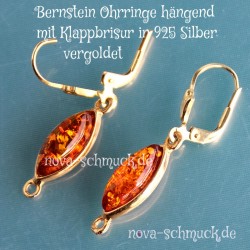 Bernsteinschmuck Ohrringe mit Klappbrisur in Silber vergoldet
